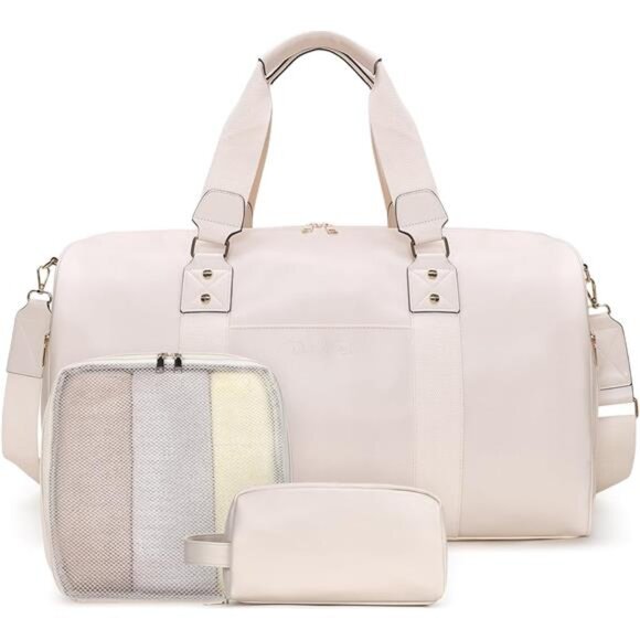 Vegan Leather Duffle Bag for Travel Beige - Picture 1 of 7